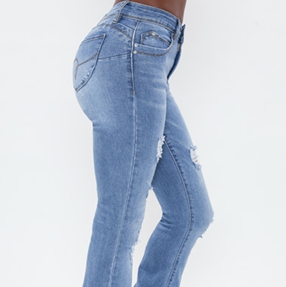 Light Wash Junior High Rise Flare Ripped Jeans - Picture 2 of 3